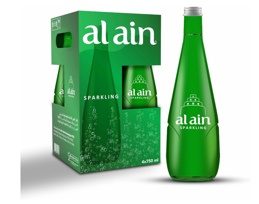Al Ain Sparkling water 750ml, Pack of 4, Sparkling Water in a Contemporary and Elegant Glass, Al Ain water Reusable Bottles