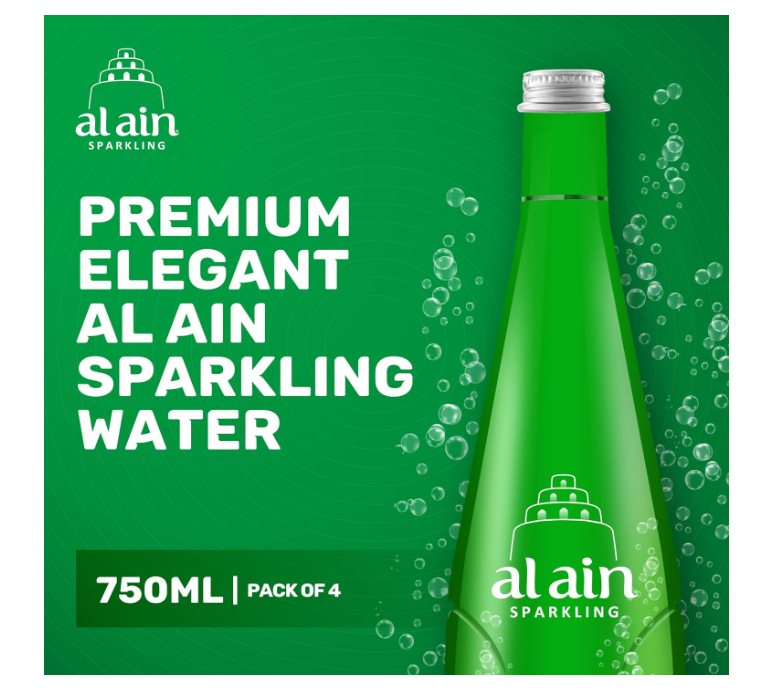 Al Ain Sparkling water 750ml, Pack of 4, Sparkling Water in a Contemporary and Elegant Glass, Al Ain water Reusable Bottles