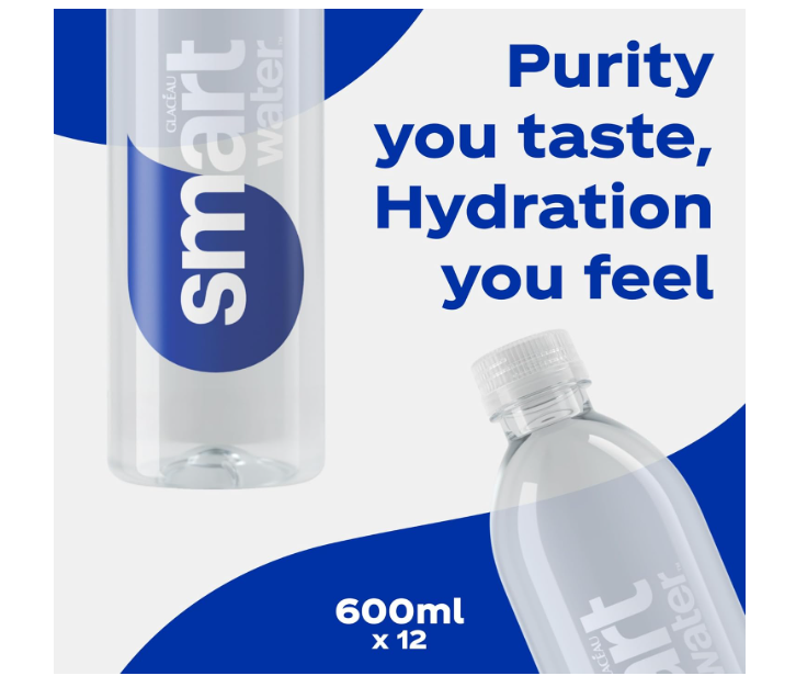 Smart Water, Pack of 12x600ml, Purified Water, Electrolyte Infused for Taste Drinking Water, Sleek Bottled Water