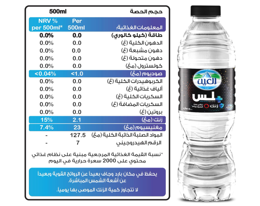 AL Ain Water Plus Fortified with Zinc & Sodium Free 500ml - Pack of 12