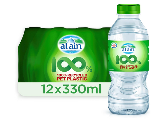 Al Ain Recycled PET Water 330ml, Pack of 12, Low Sodium Bottled Water, Sustainable, Eco Friendly Al Ain Water Bottle Material