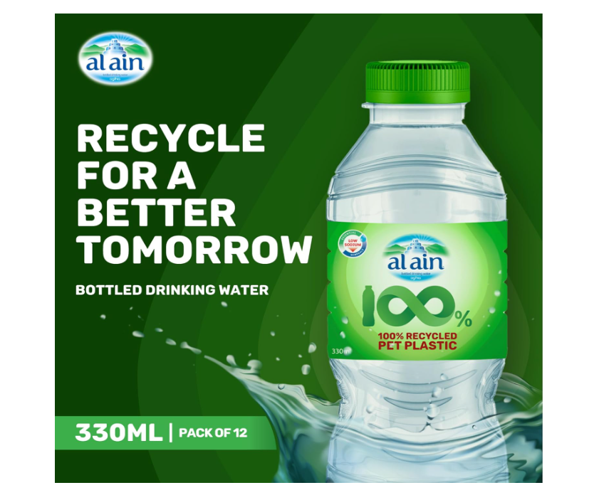 Al Ain Recycled PET Water 330ml, Pack of 12, Low Sodium Bottled Water, Sustainable, Eco Friendly Al Ain Water Bottle Material