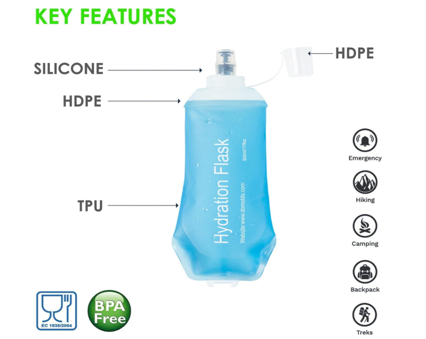 AMERTEER Soft Flask, TPU Foldable Running Hydration Flask, BPA-Free Foldable Water Bottle, Soft Collapsible Water Bottle For Hydration Pack Cycling Marathon Running Hiking Climbing (Blue,500ml/16.9oz)