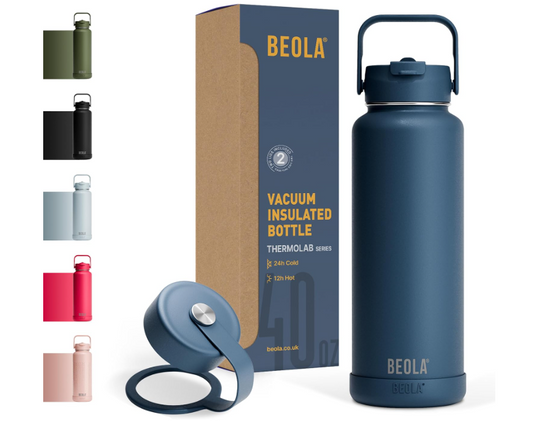 BEOLA 1200ml Vacuum Insulated Water Bottle, Double Walled Thermolab series Stainless Steel Water Drinking Flask with Straw Lid, 2 Lids included, Hot Cold Thermos, Sports Bottle 40oz