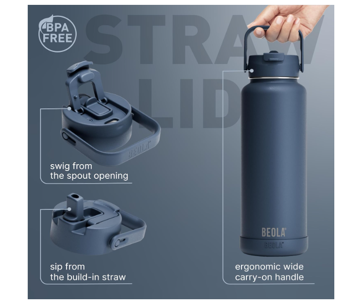 BEOLA 1200ml Vacuum Insulated Water Bottle, Double Walled Thermolab series Stainless Steel Water Drinking Flask with Straw Lid, 2 Lids included, Hot Cold Thermos, Sports Bottle 40oz