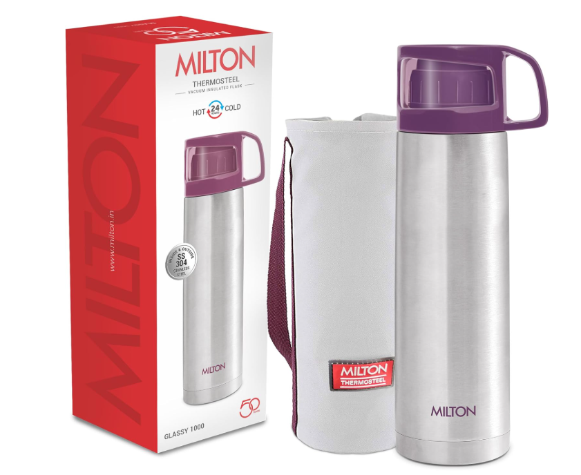 Milton Glassy 1000 Thermosteel 24 Hours Hot And Cold Water Bottle With Drinking Cup Lid, 1 Litre