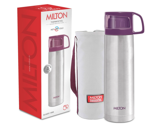 Milton Glassy 1000 Thermosteel 24 Hours Hot And Cold Water Bottle With Drinking Cup Lid, 1 Litre