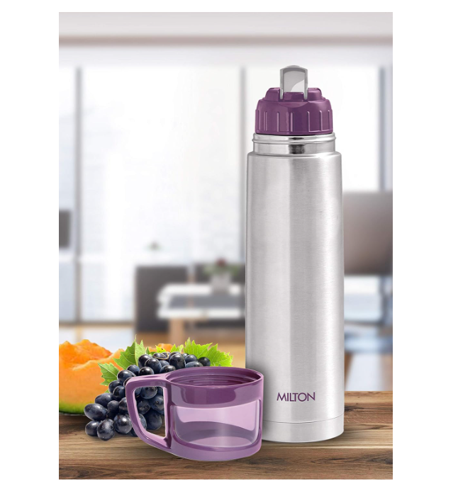 Milton Glassy 1000 Thermosteel 24 Hours Hot And Cold Water Bottle With Drinking Cup Lid, 1 Litre