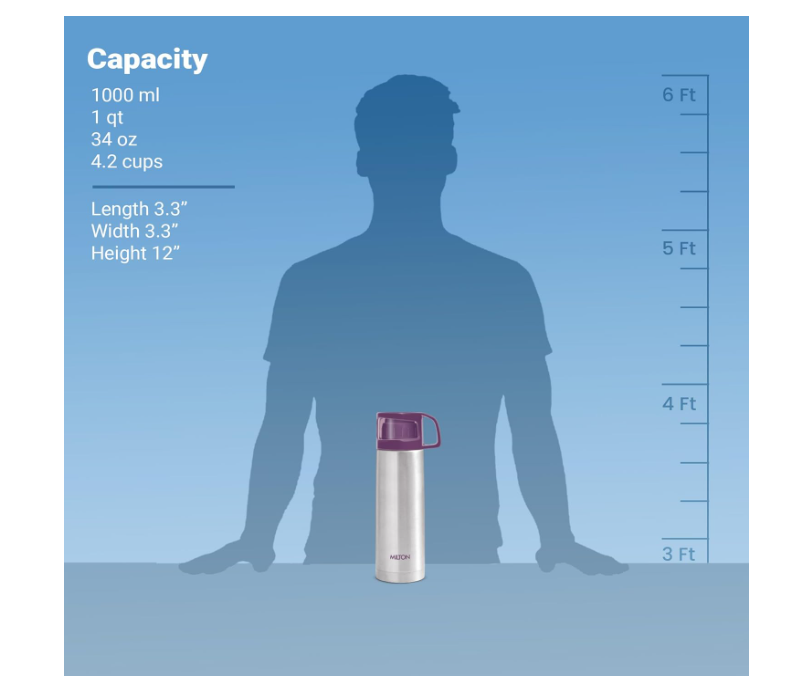 Milton Glassy 1000 Thermosteel 24 Hours Hot And Cold Water Bottle With Drinking Cup Lid, 1 Litre