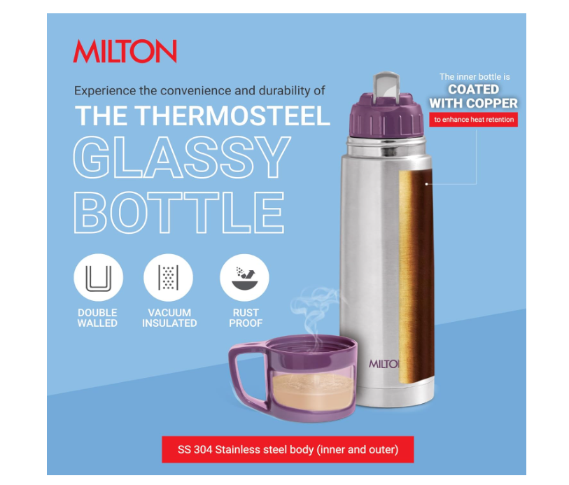 Milton Glassy 1000 Thermosteel 24 Hours Hot And Cold Water Bottle With Drinking Cup Lid, 1 Litre