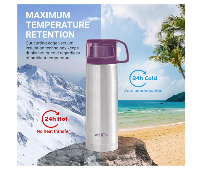 Milton Glassy 1000 Thermosteel 24 Hours Hot And Cold Water Bottle With Drinking Cup Lid, 1 Litre