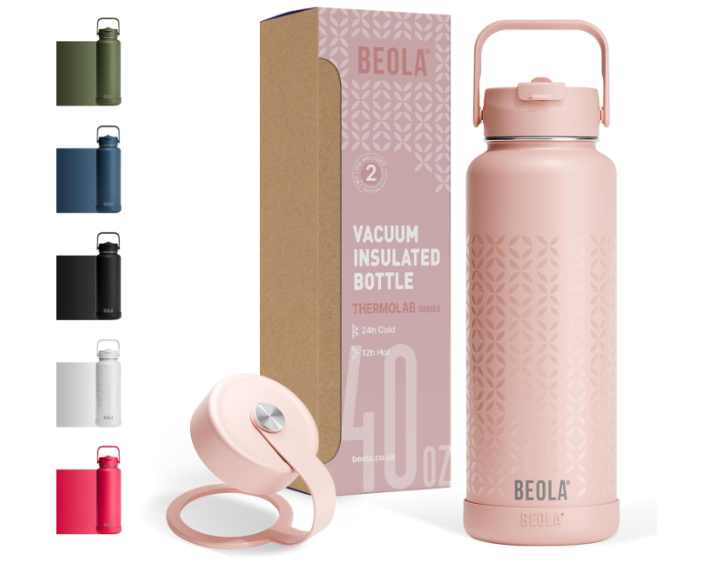 BEOLA 1200ml Vacuum Insulated Water Bottle, Double Walled Thermolab series Stainless Steel Water Drinking Flask with Straw Lid, 2 Lids included, Hot Cold Thermos, Sports Bottle 40oz