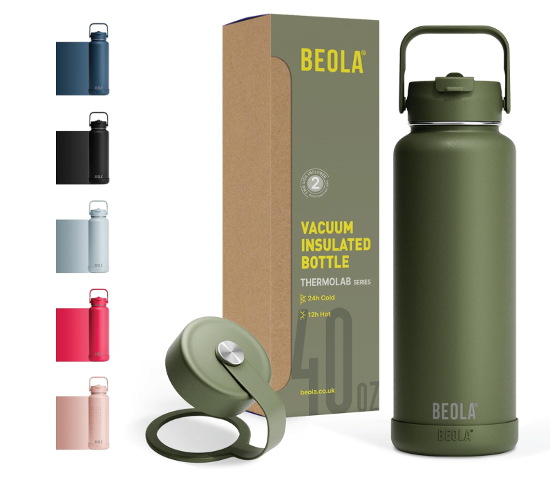 BEOLA 1200ml Vacuum Insulated Water Bottle, Double Walled Thermolab series Stainless Steel Water Drinking Flask with Straw Lid, 2 Lids included, Hot Cold Thermos, Sports Bottle 40oz