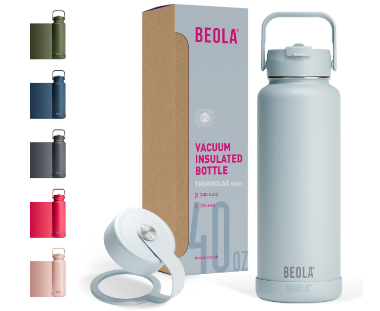 BEOLA 1200ml Vacuum Insulated Water Bottle, Double Walled Thermolab series Stainless Steel Water Drinking Flask with Straw Lid, 2 Lids included, Hot Cold Thermos, Sports Bottle 40oz