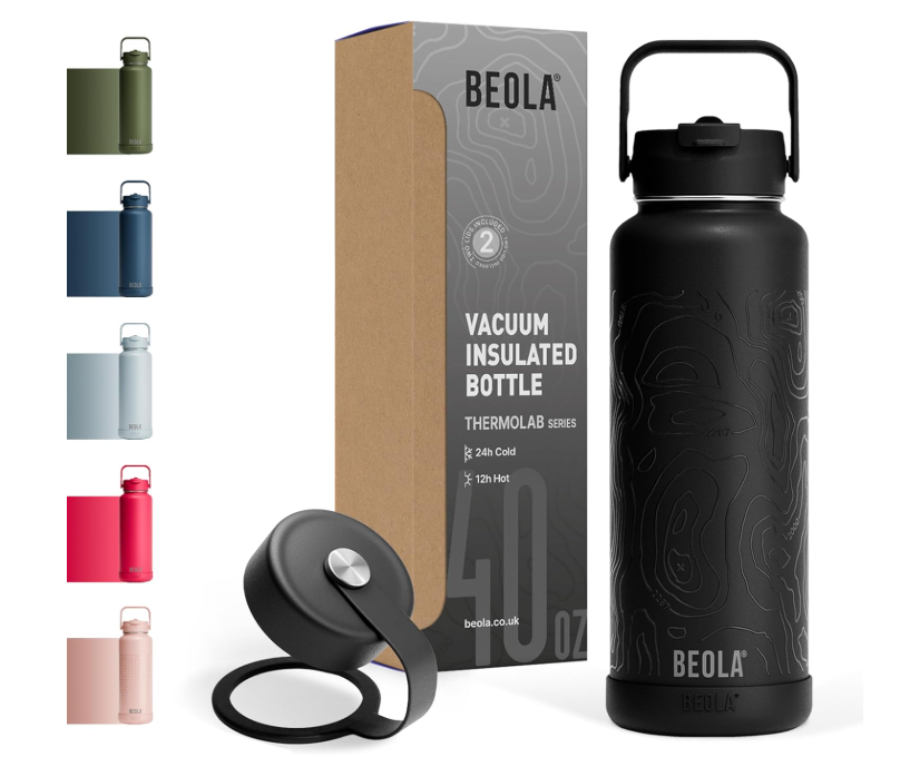 BEOLA 1200ml Vacuum Insulated Water Bottle, Double Walled Thermolab series Stainless Steel Water Drinking Flask with Straw Lid, 2 Lids included, Hot Cold Thermos, Sports Bottle 40oz