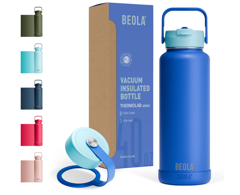 BEOLA 1200ml Vacuum Insulated Water Bottle, Double Walled Thermolab series Stainless Steel Water Drinking Flask with Straw Lid, 2 Lids included, Hot Cold Thermos, Sports Bottle 40oz