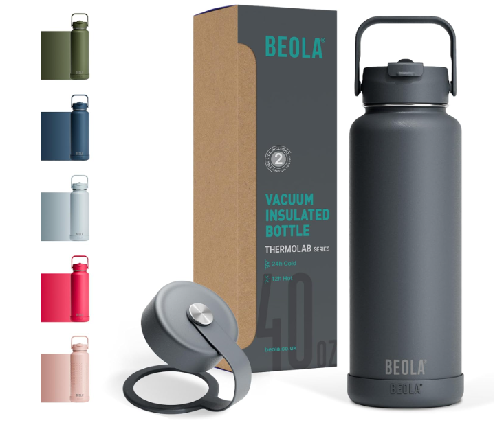 BEOLA 1200ml Vacuum Insulated Water Bottle, Double Walled Thermolab series Stainless Steel Water Drinking Flask with Straw Lid, 2 Lids included, Hot Cold Thermos, Sports Bottle 40oz