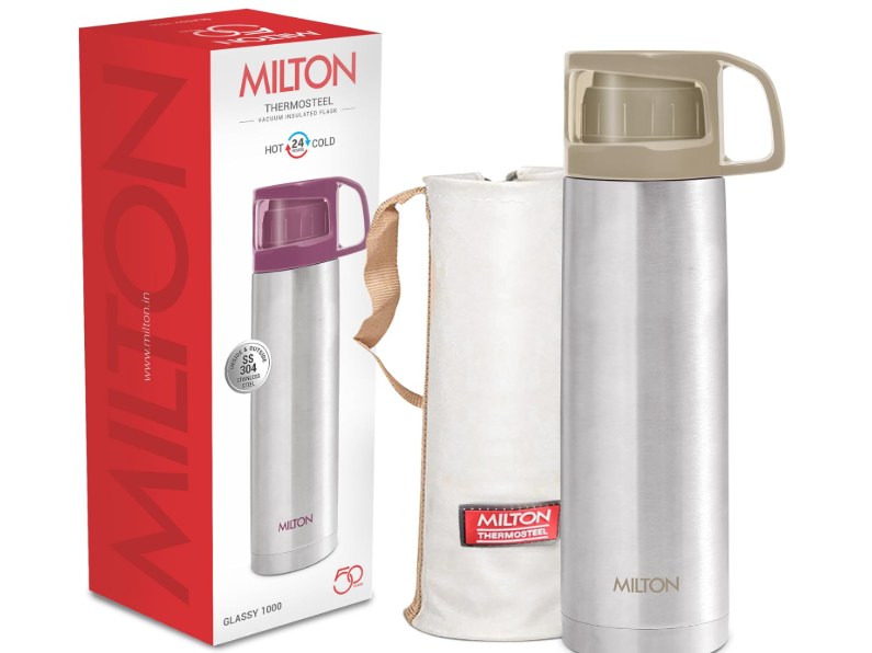 Milton Glassy 1000 Thermosteel 24 Hours Hot And Cold Water Bottle With Drinking Cup Lid, 1 Litre